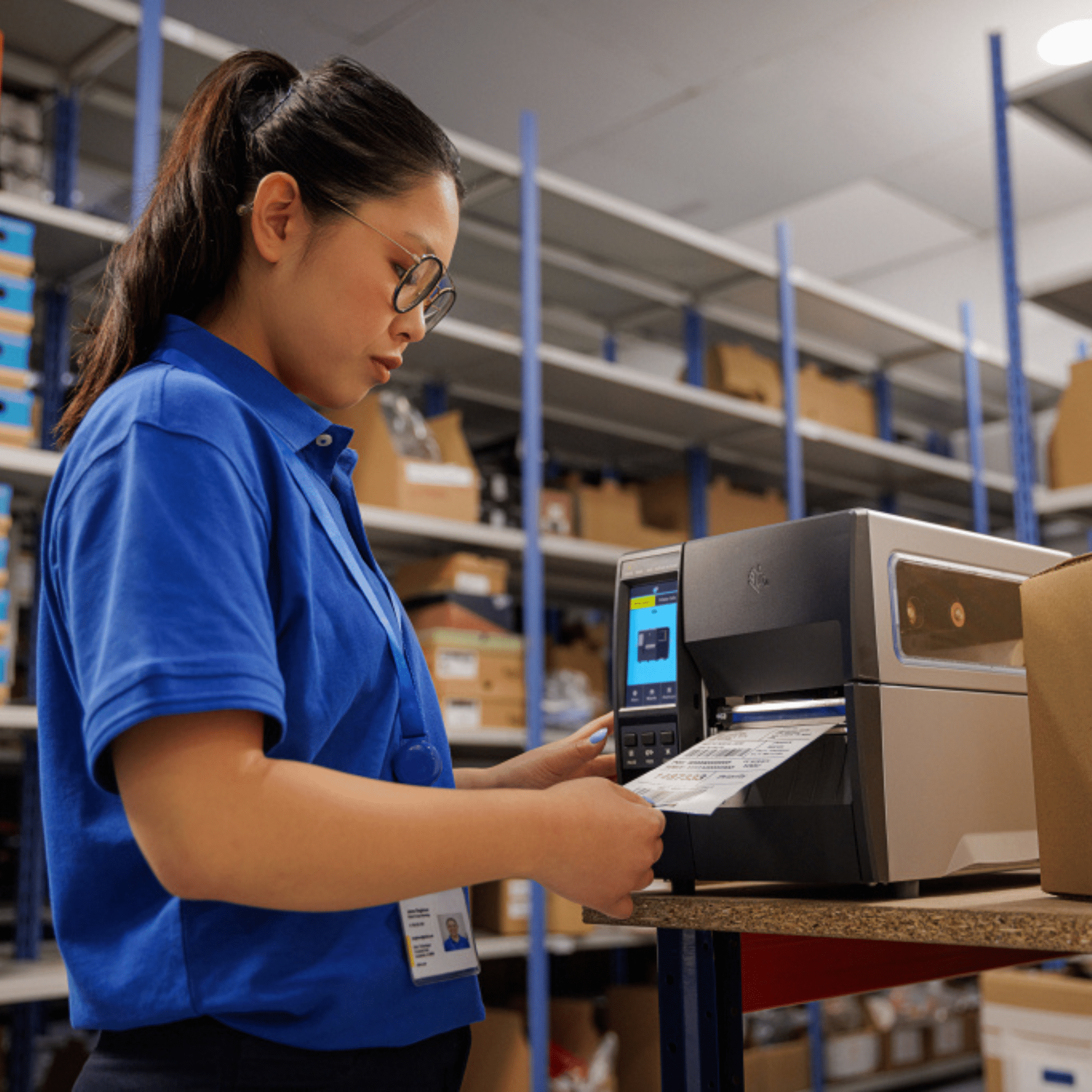 Magazijnmedewerker met bril en blauwe polo print verzendlabels met een Zebra label printer in een magazijn met stellingen en dozen.