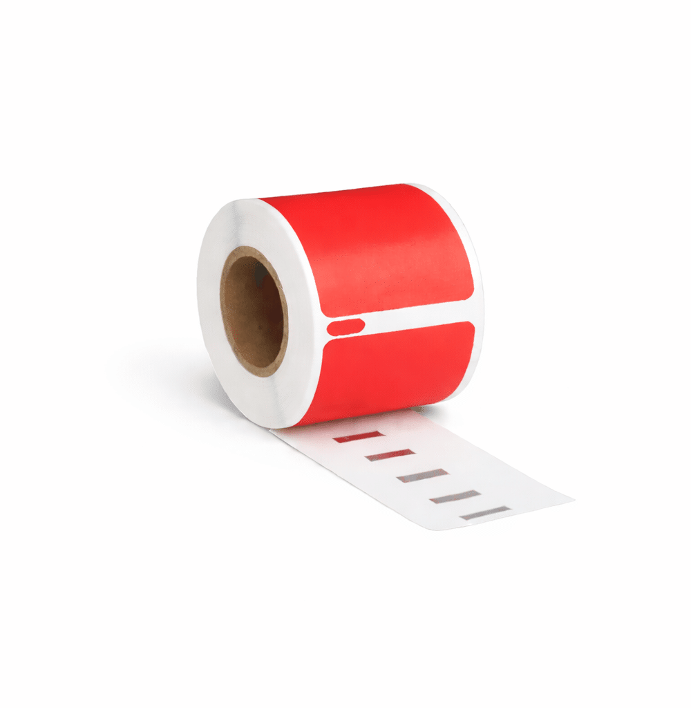 Thermische etiket, 57 mm x 32 mm Rood, 1500 etiketten per rol, kern 25 mm, Thermisch ECO, permanent