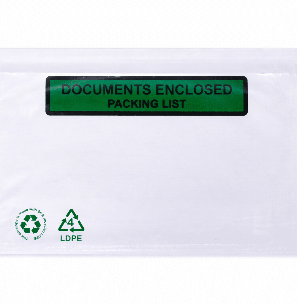 Paklijstenvelop C6 165 x 122 mm – LDPE (60% gerecycled) – Documents Enclosed / Packing List